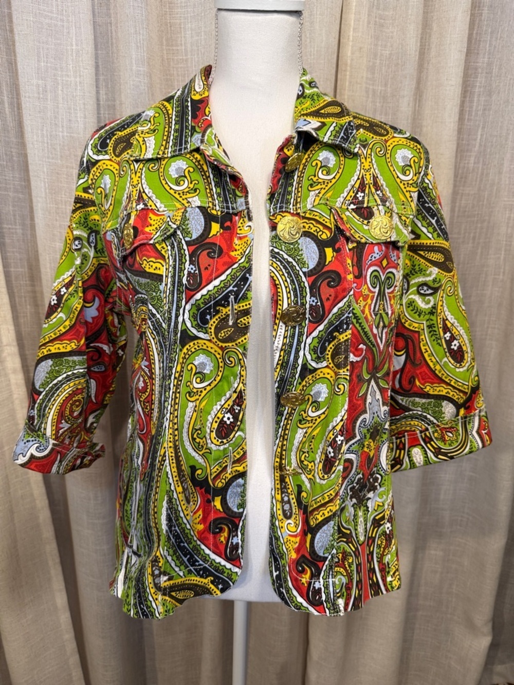 Joni B Paisley Jacket L Colorful Cotton Stretch Gold Button Statement Blazer